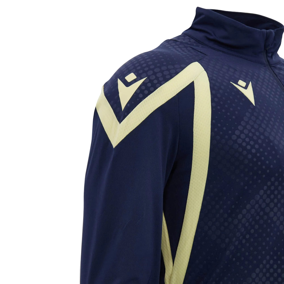 Close-up of the Scotland SRU 26/27 Training 1/4 Zip by Macron, a navy training top featuring light yellow geometric patterns and a Macron 1/4 zip collar, showing part of the right shoulder and chest—an authentic piece from the Scottish Rugby Union collection.