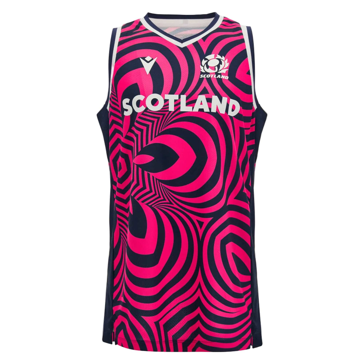 Show your Scottish pride on or off the court with the Scotland SRU 26/27 Basketball Singlet by Macron—a sleeveless singlet featuring bold pink and navy swirling geometric patterns, the iconic Scotland logo, and "SCOTLAND" emblazoned across the chest.