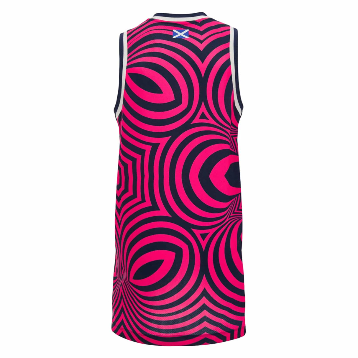Scotland SRU 26/27 Basketball Singlet by Macron, a sleeveless sports jersey featuring a striking pink and black concentric circle design, viewed from the back. The upper neck is marked with a small white X, characteristic of Macron's signature style.