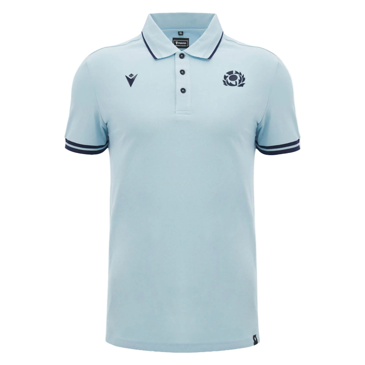 Introducing the Scotland SRU 26/27 Travel Polo by Macron—a light blue short-sleeve polo featuring a collar, button placket, dark trim on the sleeves, and two embroidered logos on the chest.