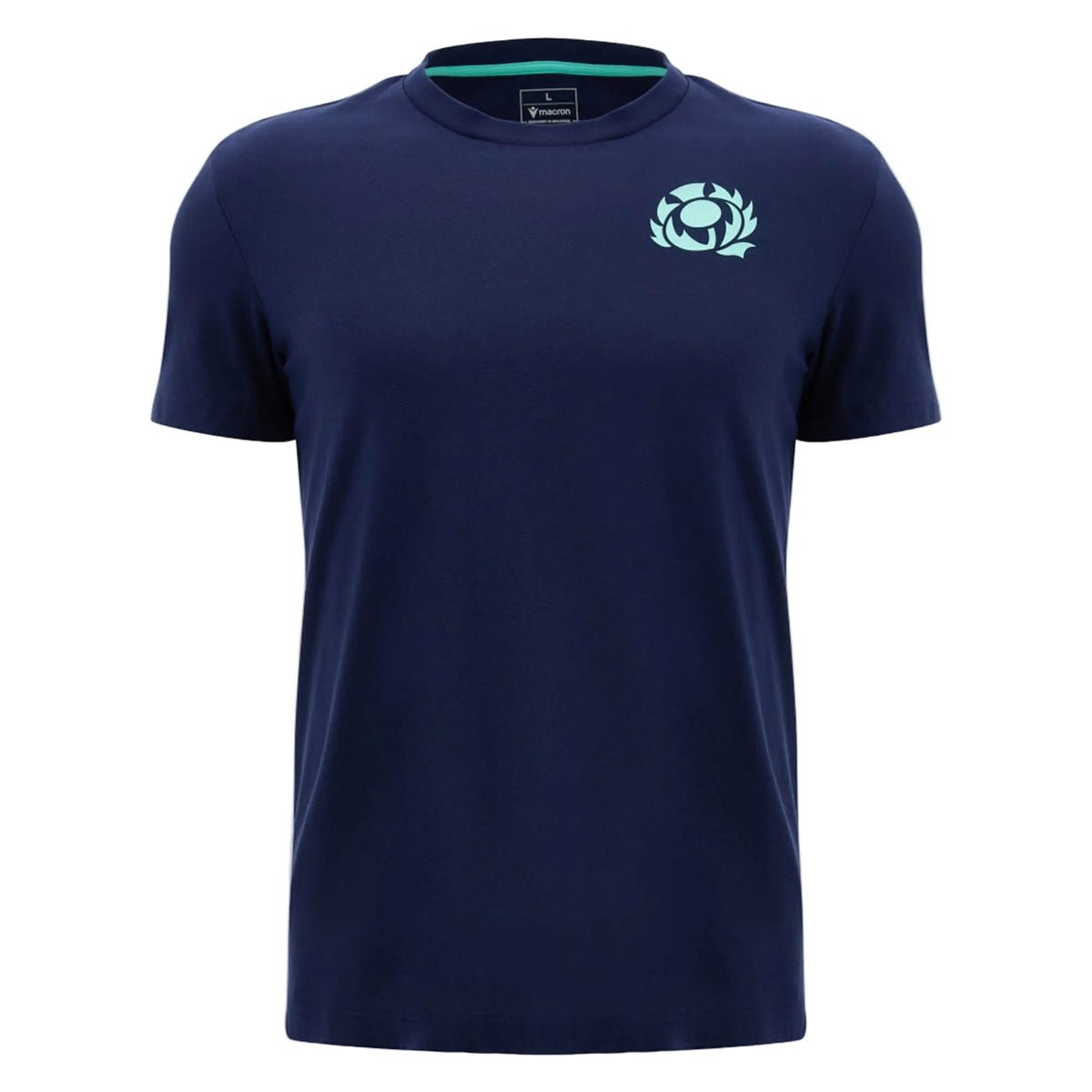 Scotland SRU 26/27 Leisure Cotton T-Shirt by Macron in navy blue, featuring a small light blue emblem on the left chest, inspired by the official Scotland Rugby t-shirt, showcased on a plain white background.