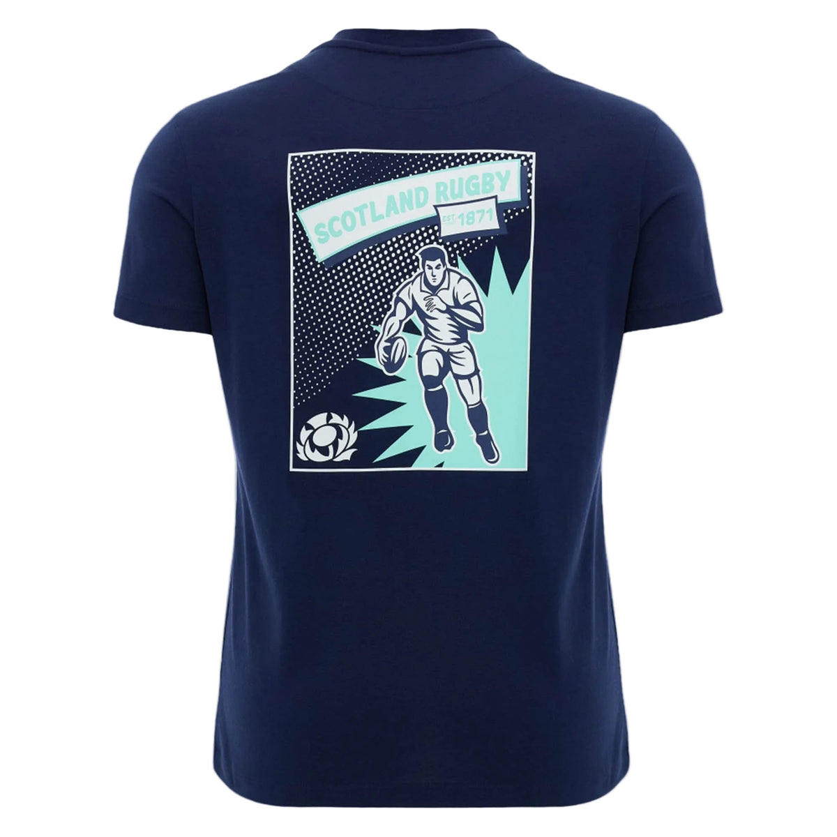The Scotland SRU 26/27 Leisure Cotton T-Shirt by Macron is a navy official Scottish Rugby Union merchandise featuring a graphic of a rugby player, the text "Scotland Rugby 1871," and a stylized rugby ball design on the back.