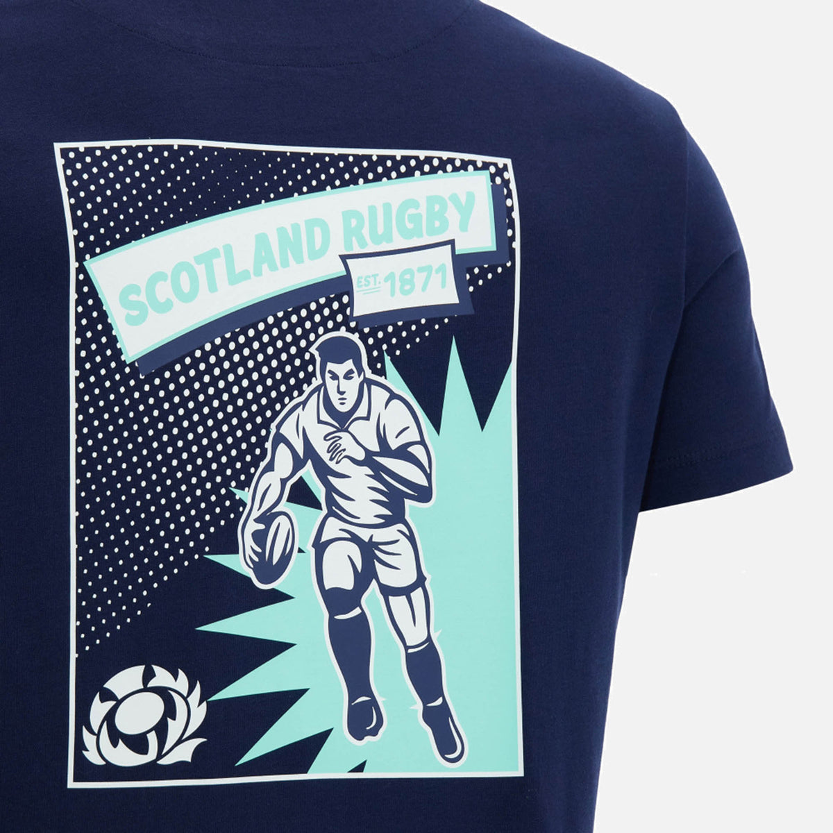 Navy Scotland SRU 26/27 Leisure Cotton T-Shirt by Macron, featuring a graphic of a rugby player running with a ball, "Scotland Rugby Est. 1871" text, and a classic thistle emblem—celebrating the proud heritage of the Scottish Rugby Union.