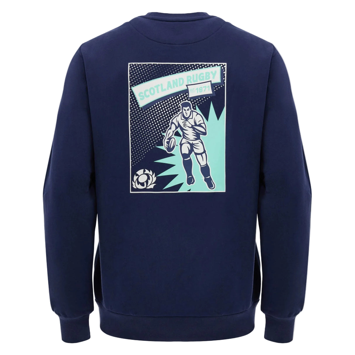 The Scotland SRU 26/27 Leisure Sweatshirt by Macron features a navy design with a back graphic of a rugby player, "Scotland Rugby 1871" text, and a rugby ball logo in blue, white, and teal. This classic Macron sweatshirt is ideal for fans looking for an SRU leisure top that highlights their love for the sport.