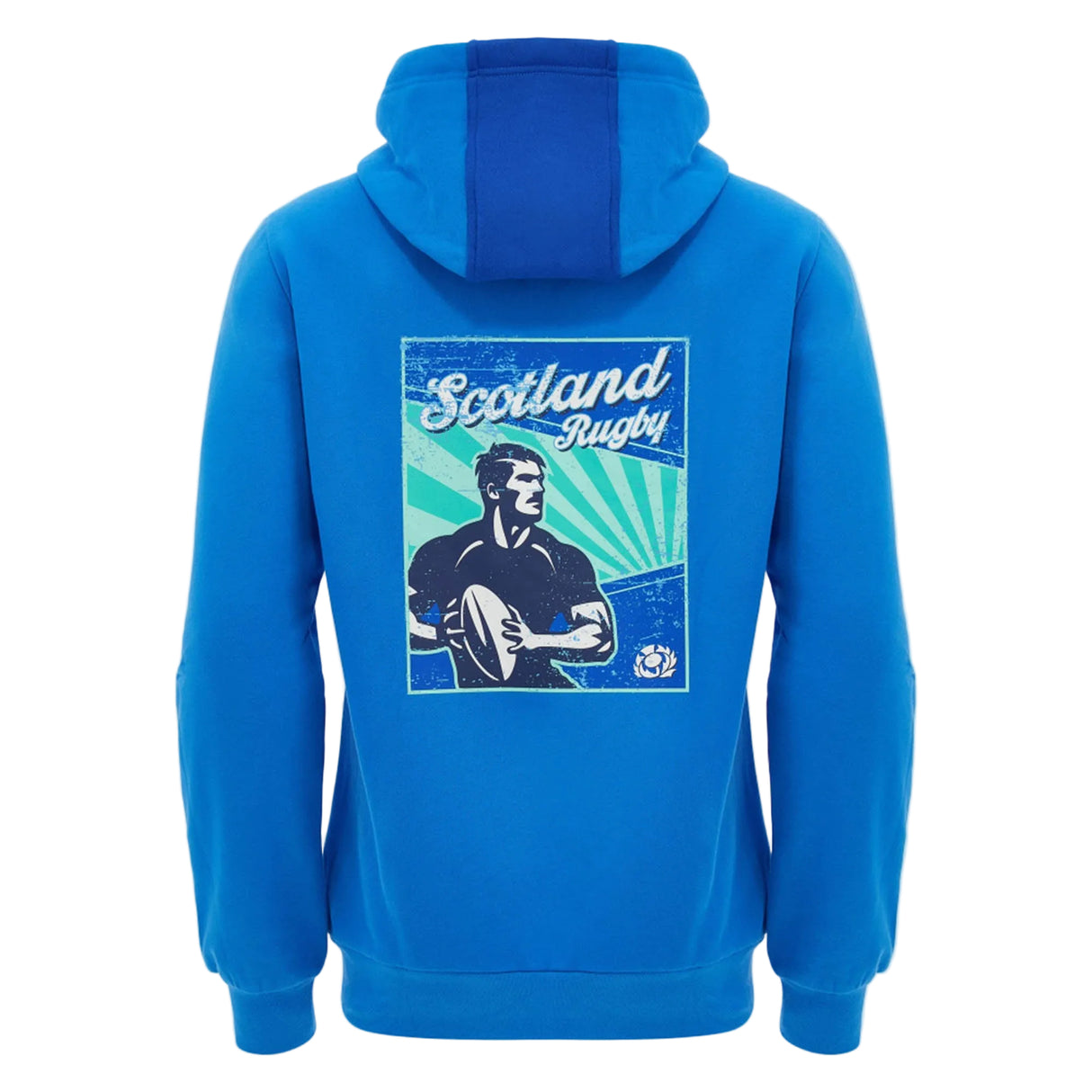 Stay warm in style with the Scotland SRU 26/27 Leisure Hoodie by Macron. This hoodie features a bold graphic on the back of a rugby player holding a ball, with "Scotland Rugby" displayed above and set against a vibrant sunburst background in green and blue tones—making it a must-have for any true fan of Scottish Rugby.
