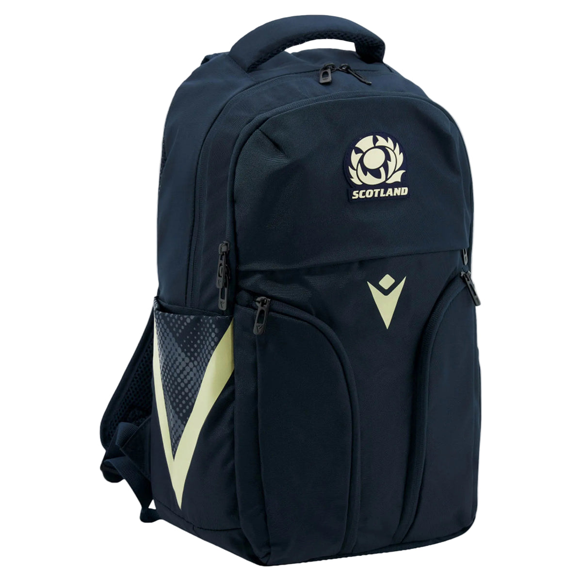 The Scotland SRU 26/27 Backpack by Macron features a black design with white accents, the official Scotland rugby logo, multiple zippered compartments, a top handle, and a mesh side pocket. This versatile backpack from Macron is perfect for carrying your gear in style.