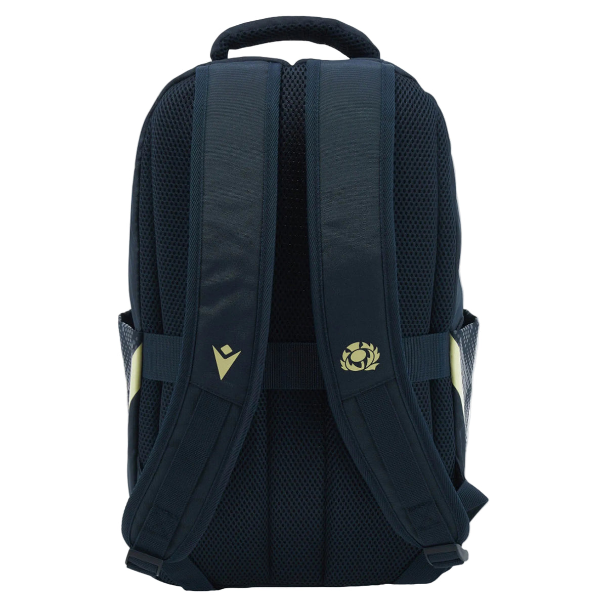 The back view of the Scotland SRU 26/27 Backpack by Macron in dark blue, showcasing the Macron logo and Scottish Rugby thistle emblem on the shoulder straps, set against a white background.