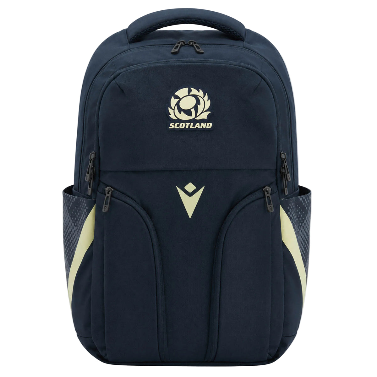 The Scotland SRU 26/27 Backpack by Macron is a dark blue sports backpack featuring the official rugby logo and "Scotland" text on the front, designed with multiple zippered compartments and two side pockets—making it a stylish and practical choice from Macron.