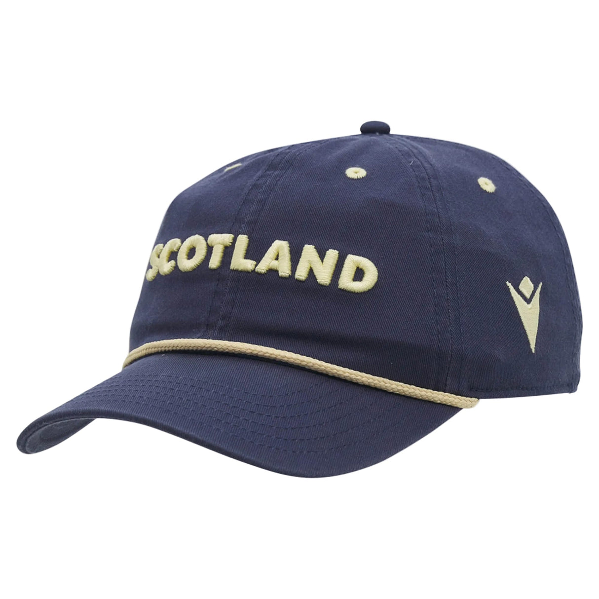 The Scotland SRU 26/27 Dad Cap by Macron is a navy blue baseball cap featuring "SCOTLAND" embroidered in yellow letters on the front and a yellow cord above the brim, inspired by the official Scotland Rugby cap.