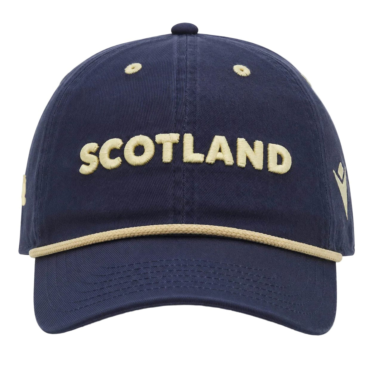 The Scotland SRU 26/27 Dad Cap by Macron features a navy blue design with "SCOTLAND" embroidered in beige letters on the front and coordinating beige trim along the brim—an ideal choice for any Scotland Rugby fan eager to support their team in official SRU 26/27 style.