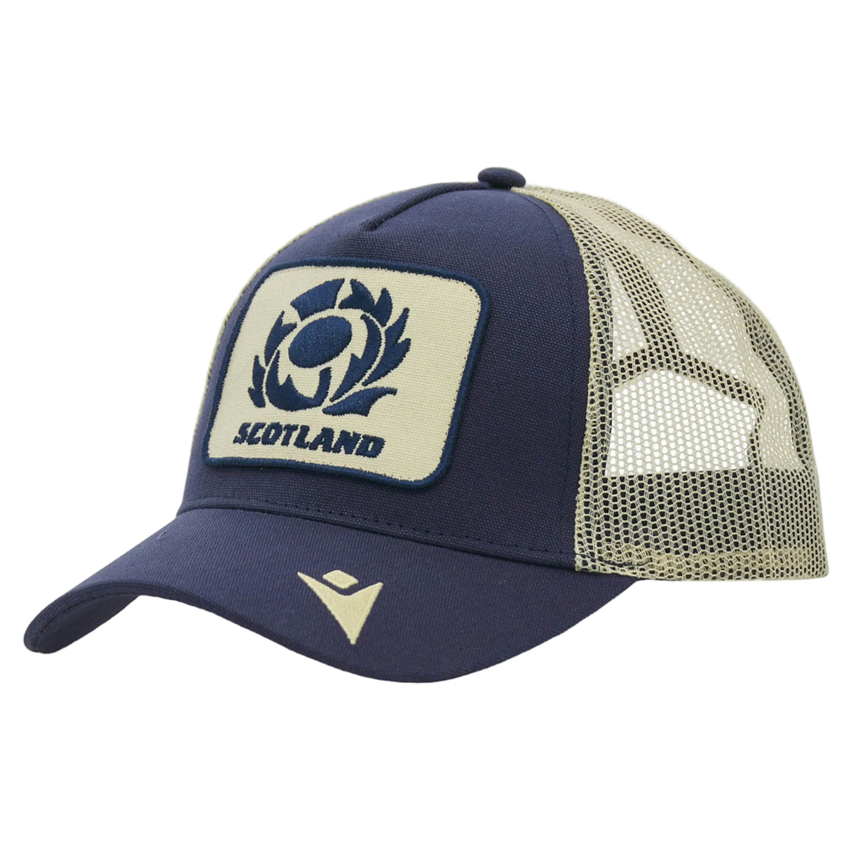The Scotland SRU 26/27 Trucker Cap by Macron features a navy blue and beige mesh design with an embroidered Scotland rugby logo on the front panel and a curved brim.