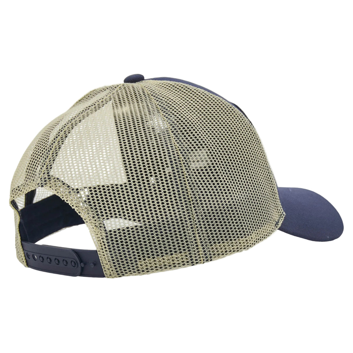 The Scotland SRU 26/27 Trucker Cap by Macron features a navy blue front, beige mesh back, and an adjustable snap closure, all presented from a rear angle—this cap by Macron effortlessly combines sporty style with classic comfort.