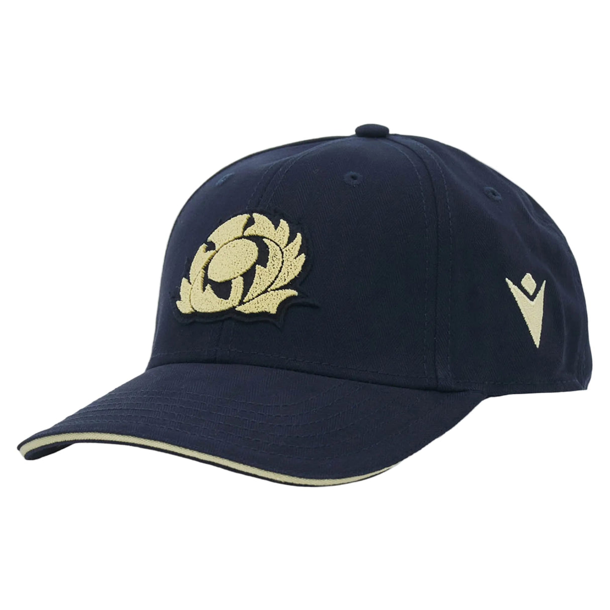 The Scotland SRU 26/27 Thistle Baseball Cap by Macron is a navy blue cap featuring a striking gold thistle emblem on the front and a gold Macron logo on the left side. Designed with a curved brim and matching gold trim, this stylish cap draws inspiration from Scotland Rugby.