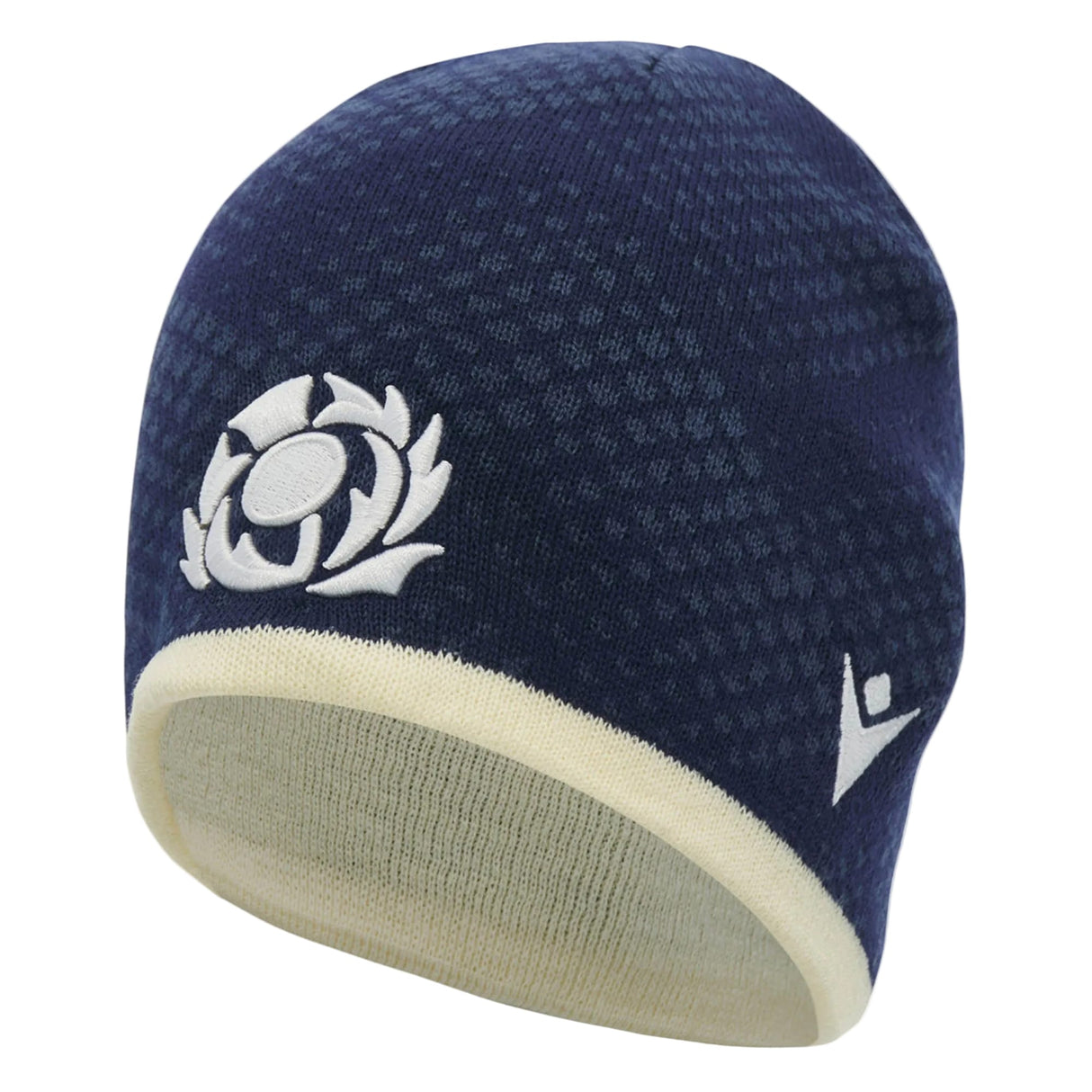 Show your Scotland Rugby pride in style with the Scotland SRU 26/27 Knit Beanie by Macron. This navy blue beanie features a white embroidered thistle logo on the front, a small white emblem on the side, and a cream-colored trim—making it the perfect accessory for dedicated fans.