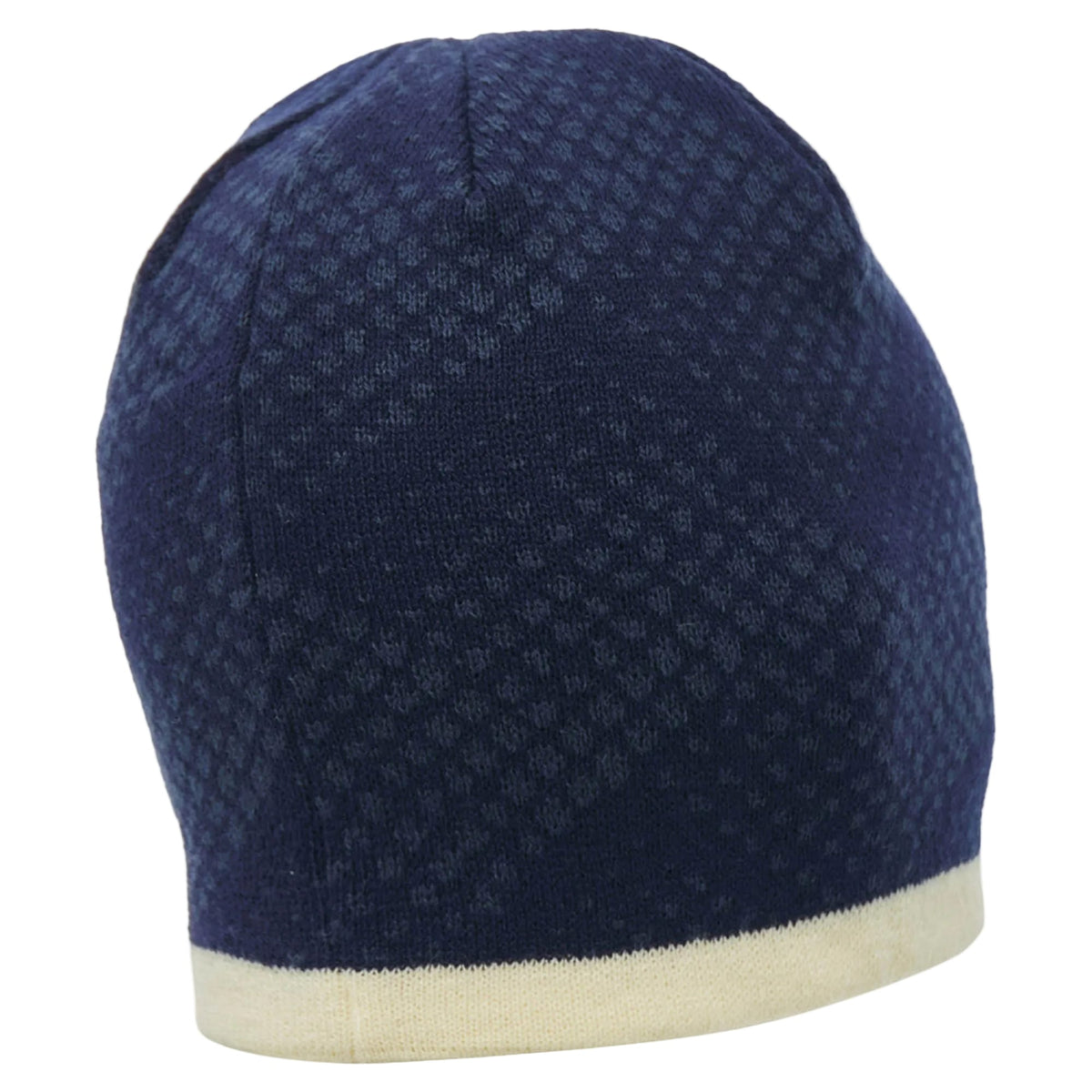 The Scotland SRU 26/27 Knit Beanie by Macron, shown from the back, features a dark blue knit with a subtle diamond pattern and a light beige band around the base. This Macron beanie blends classic style with cozy warmth, making it ideal for chilly days.