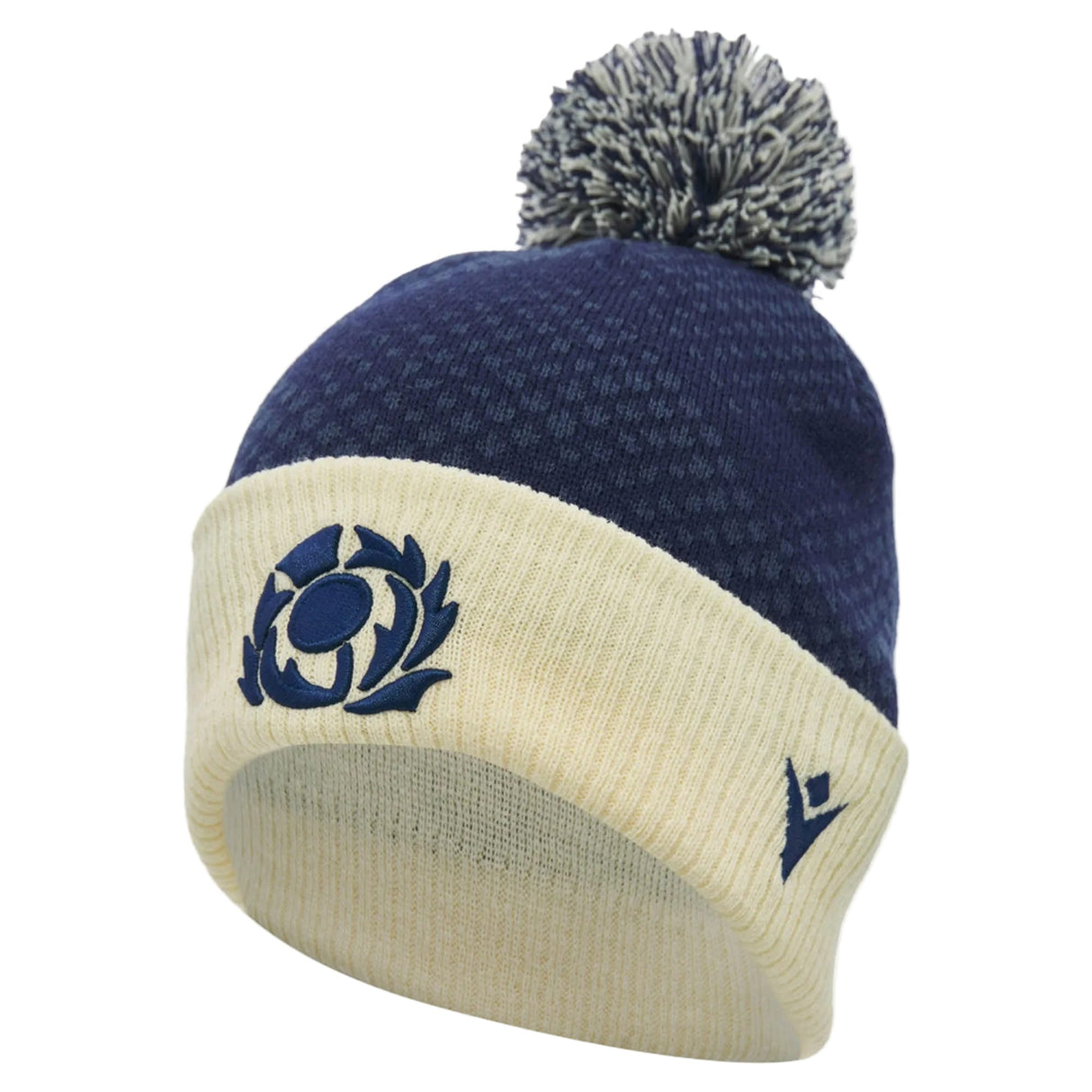 Show your Scotland pride with the Scotland SRU 26/27 Pom-Pom Beanie by Macron—a navy blue and cream knit beanie featuring embroidered logos on the front fold and a classic pom-pom on top.
