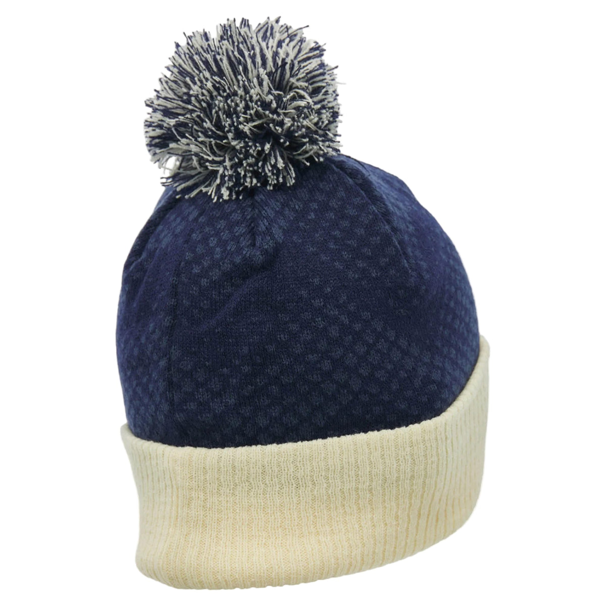 The Scotland SRU 26/27 Pom-Pom Beanie by Macron features a navy blue knit body, a cream-colored cuff, and a large dark pompom on top, capturing the classic style of traditional Scotland Rugby headwear.