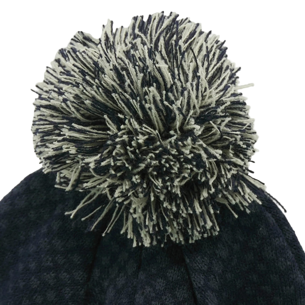 A close-up of the Scotland SRU 26/27 Pom-Pom Beanie by Macron, a dark knit hat featuring a large, two-tone pompom on top, photographed against a white background.