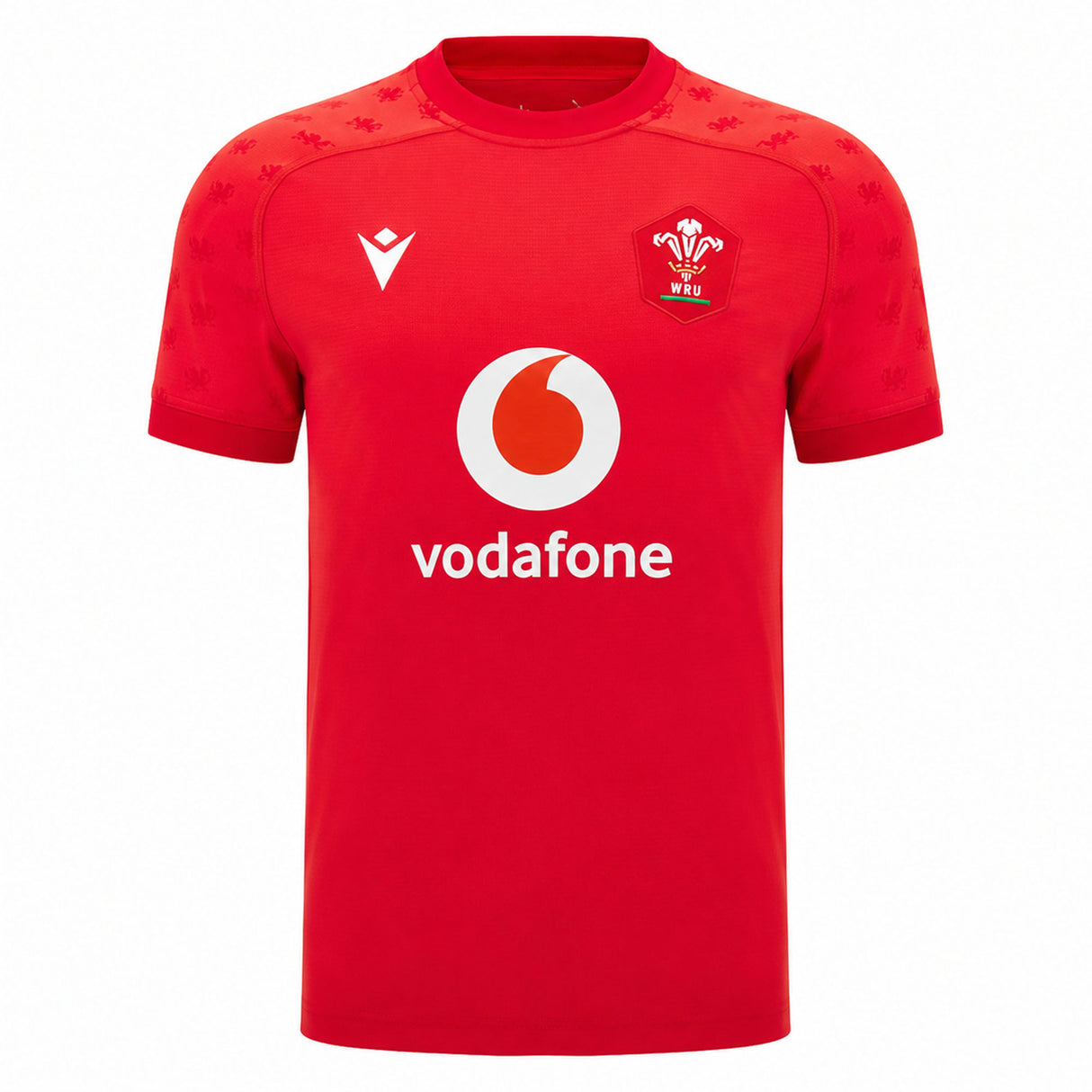Experience the official Wales WRU 26/27 Authentic Matchday Home Jersey by Macron—crafted in striking red, it showcases a bold white Vodafone logo, white Macron branding, and a chest crest featuring the iconic white feather emblem with “WRU” text.