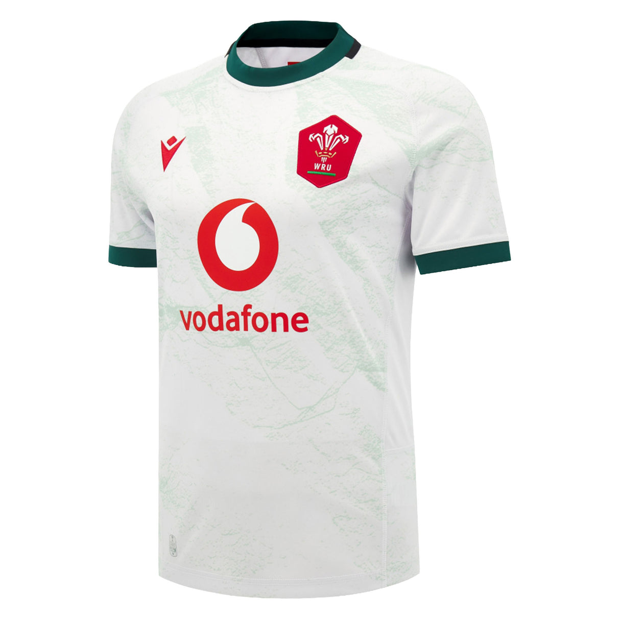 Support your team with the Wales WRU 26/27 Replica Away Jersey by Macron—a white short-sleeve rugby shirt featuring green trim, the iconic red Welsh Rugby Union (WRU) crest, Macron branding, and Vodafone sponsor logo on the front. Ideal for fans seeking an authentic replica of the latest 2026/27 away jersey or collectors adding to their Welsh Rugby Union memorabilia.