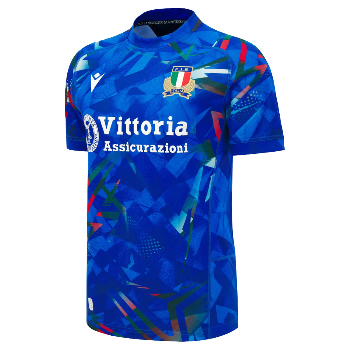 Italy 26/27 Home Replica Jersey by Macron featuring colorful geometric patterns, the Vittoria Assicurazioni sponsor logo, and the iconic Italian rugby crest on the chest.