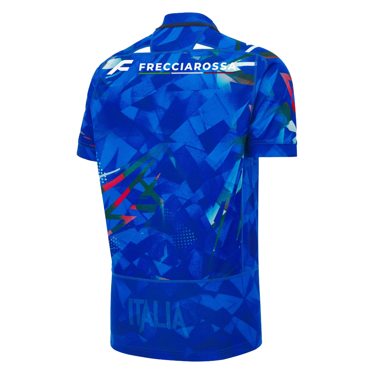 Back view of the Italy 26/27 Home Replica Jersey by Macron, showcasing geometric patterns on blue short sleeves, “FRECCIAROSSA” in white across the shoulders, and “ITALIA” subtly visible near the hem.