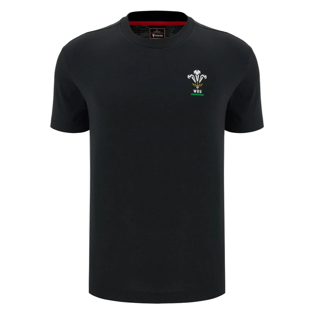 The Wales WRU 26/27 Goalpost Fan Cotton T-Shirt by Macron features a black short-sleeve design with a small embroidered Wales Rugby Union logo on the left chest, making this classic Welsh rugby shirt an ideal choice for any fan.