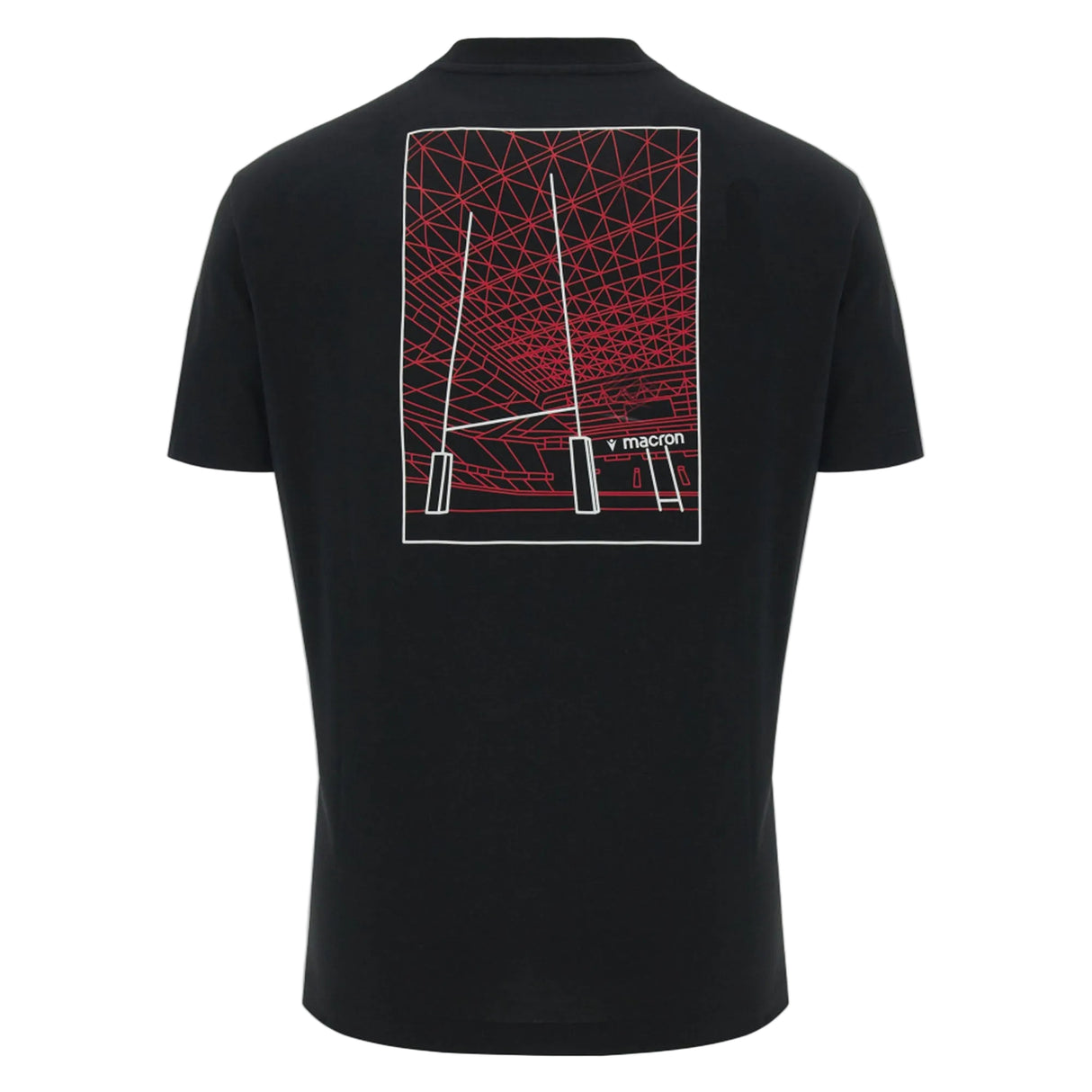 Show your support for the team with the Wales WRU 26/27 Goalpost Fan Cotton T-Shirt by Macron. This black t-shirt features a bold graphic on the back depicting a red geometric dome pattern and two goalposts, along with the iconic Macron logo. Combining classic Macron quality with striking rugby-themed imagery, it’s the perfect choice for any Wales fan.