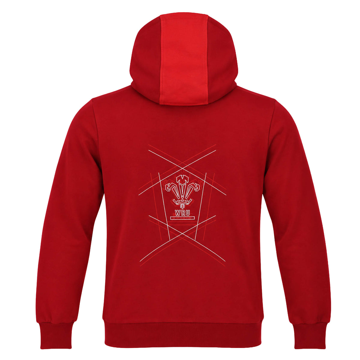 Show your support in style with the Wales WRU 26/27 Fan Cotton Hoodie by Macron—a red hoodie featuring a contrasting stripe on the hood, a bold white geometric crest design, and “WRU” on the back. Perfect for passionate Wales Rugby fans.