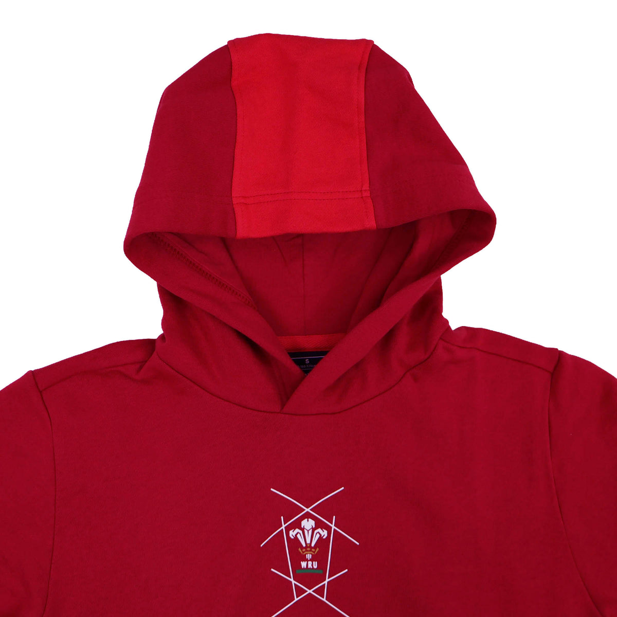 Wales WRU 26/27 Fan Cotton Hoodie by Macron—a red hoodie featuring a two-tone hood and a white dragon “WRU” emblem on the chest, perfect for any devoted supporter of Wales Rugby.