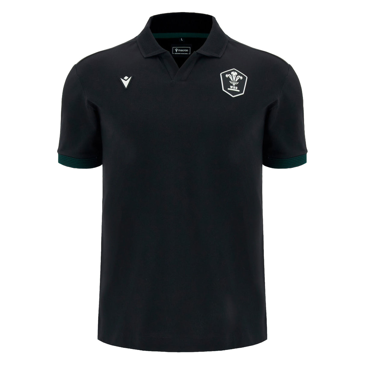 Introducing the Wales WRU 26/27 Travel Cotton Polo by Macron—a black short-sleeve polo shirt crafted from comfortable cotton, designed with a classic collar. It features a white embroidered crest on the left chest and a subtle white Macron logo on the right chest. Inspired by classic Macron rugby shirt styling, this polo embodies timeless team spirit and enduring comfort.