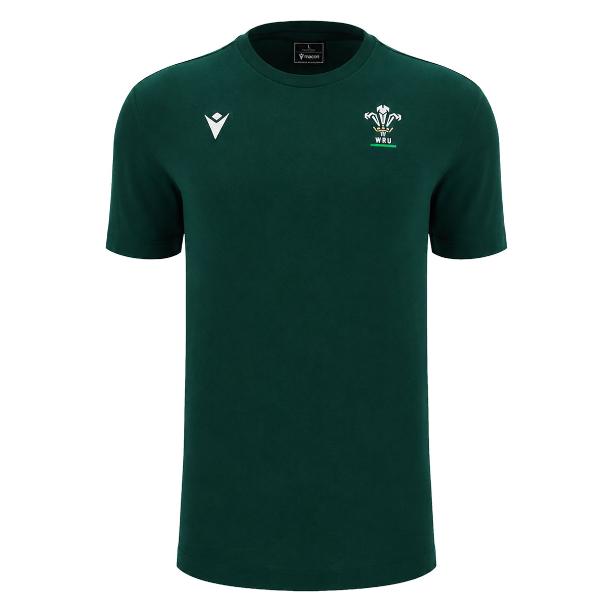 The Wales WRU 26/27 Travel Poly/Cotton T-Shirt by Macron is a plain dark green short-sleeve shirt featuring a white Macron logo on the right chest and the Welsh Rugby Union (WRU) emblem on the left chest, from the WRU travel collection.