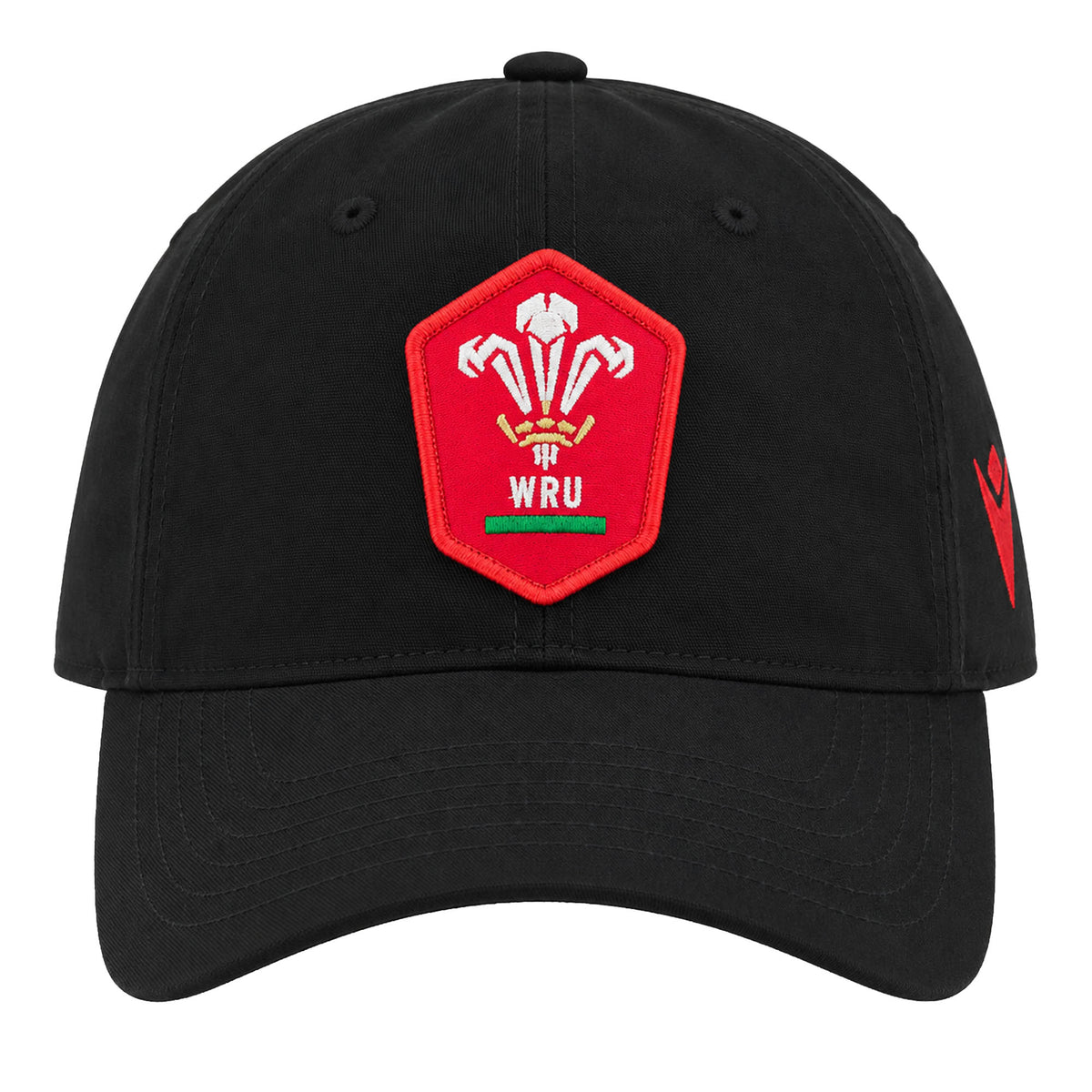 The Wales WRU 26/27 Dad Cap by Macron is a black cap featuring a red patch with the Welsh Rugby Union (WRU) logo—three feathers and “WRU” text—on the front. This stylish Macron cap is perfect for any supporter wanting to show their passion for Welsh rugby.