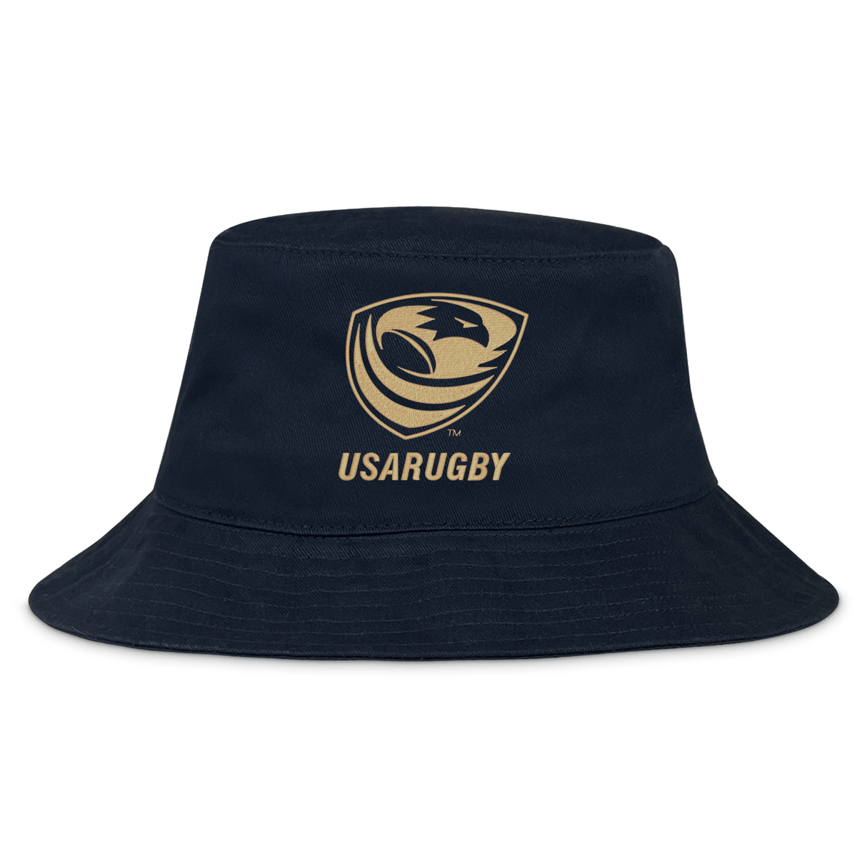 The USA Rugby Bronze Crusher Bucket Cap by EMB S&S Activewear features a gold logo and eagle emblem—ideal for any rugby fan or bronze medal supporter.