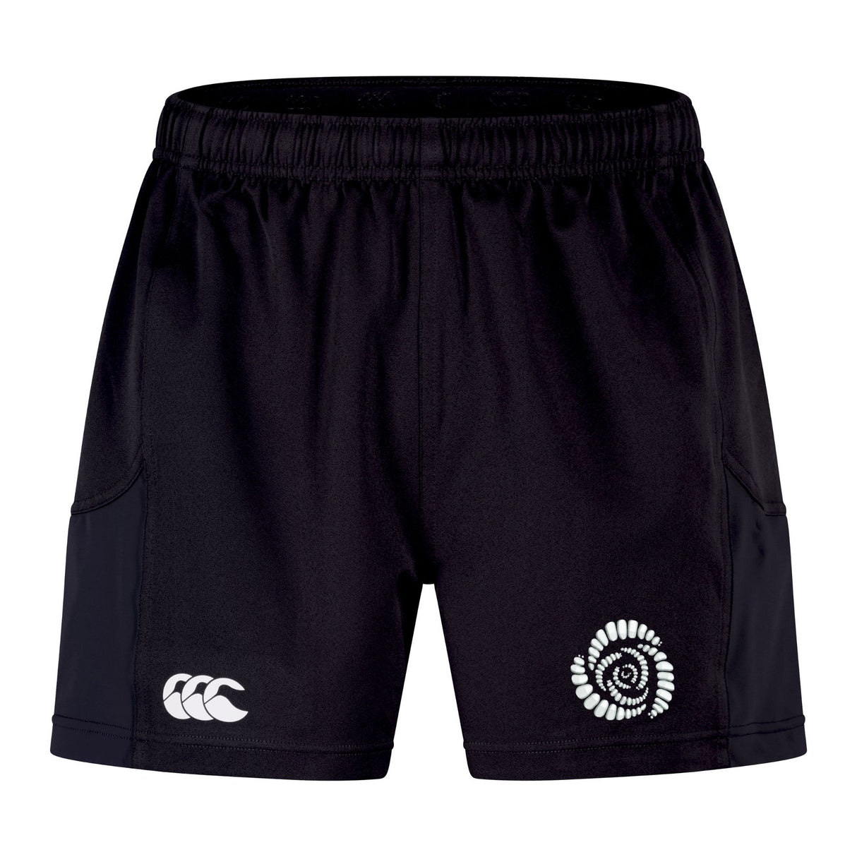 Introducing the Missoula All-Maggots Advantage Short 2.0 by EMB Canterbury—black athletic shorts with an elastic waistband, showcasing a white Canterbury logo on the left leg and a spiral fern design on the right leg. Designed for both comfort and durability, these performance training shorts are ideal for intense workouts or everyday wear.