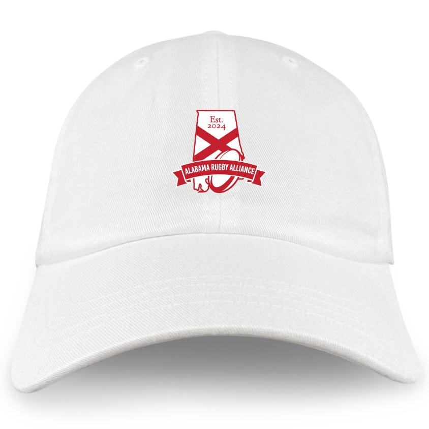 The Alabama Rugby Alliance Adult Low-Profile Cotton Twill Dad Cap by EMB S&S Activewear features a white design with an embroidered red "Alabama Rugby Alliance" logo and "Est. 2024" text on the front.
