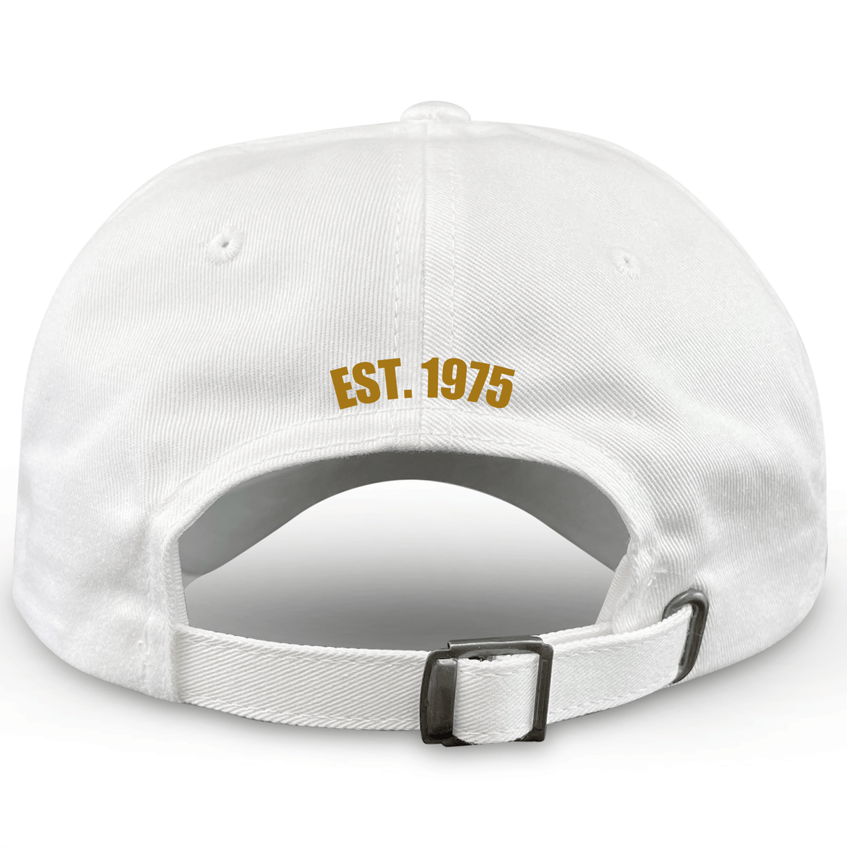 The EMB S&S Activewear USA Rugby 50th Anniversary Cotton Twill Dad Cap features "EST. 1975" in yellow above a metal buckle strap and an embroidered gold logo—perfect for commemorating this rugby milestone.