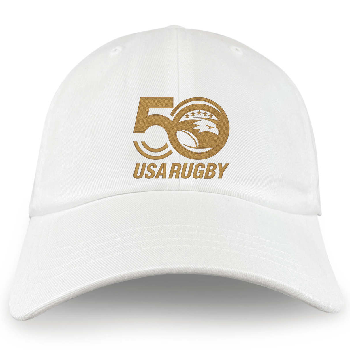 The USA Rugby 50th Anniversary Cotton Twill Dad Cap by EMB S&S Activewear features an embroidered gold logo with a stylized rugby ball and stars above the brim.
