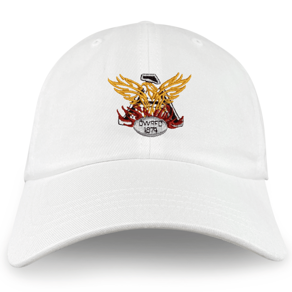 The Atlanta Old White Rugby Adult Low-Profile Cotton Twill Dad Cap by EMB S&S Activewear is a white cotton twill hat with an embroidered gold, red, and white “OWFC 1879” crest on the front.