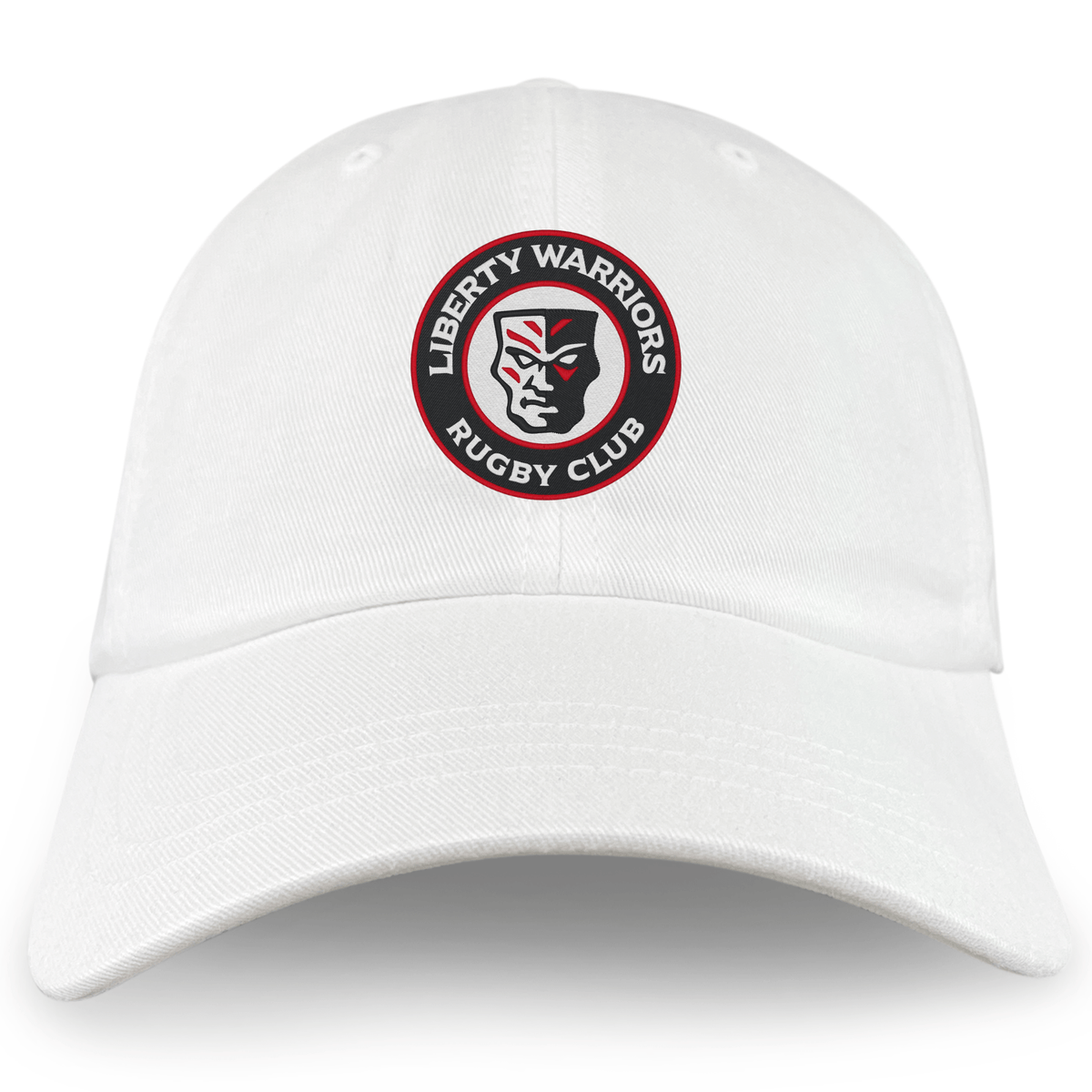 The Liberty Lake Warriors Adult Low-Profile Cotton Twill Dad Cap by EMB S&S Activewear features a white cotton twill design with an embroidered circular “Liberty Warriors Rugby Club” logo and stylized face outlined in black and red.