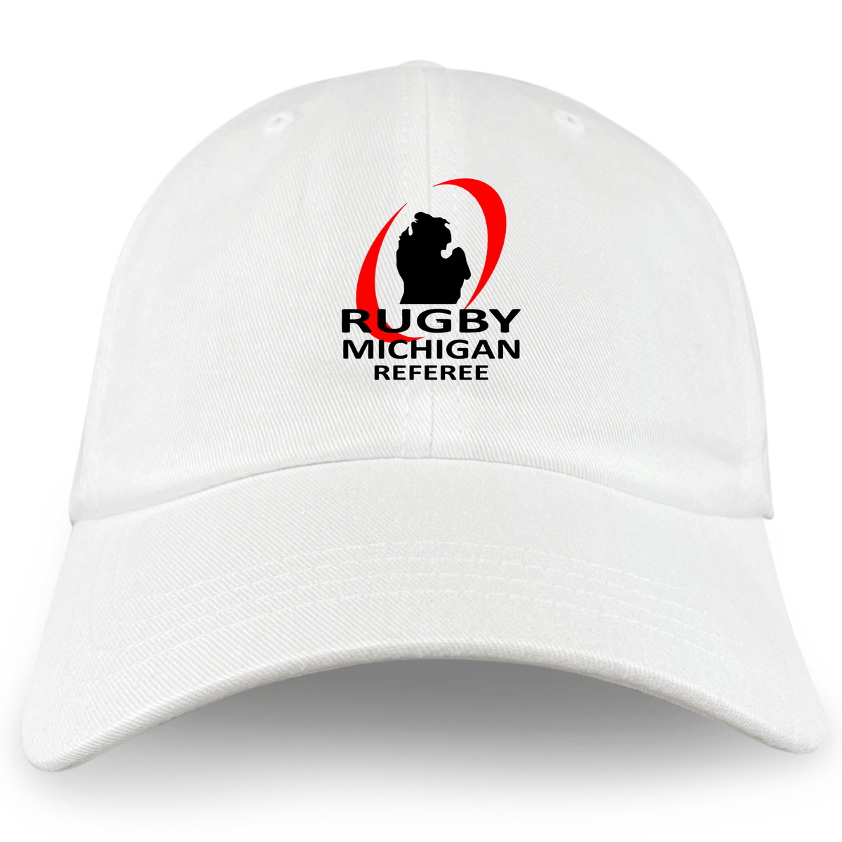 The Rugby Michigan Referee Society Adult Low-Profile Cotton Twill Dad Cap by EMB S&S Activewear features embroidered "Rugby Michigan Referee" text and a black Michigan silhouette in a red oval on the front.