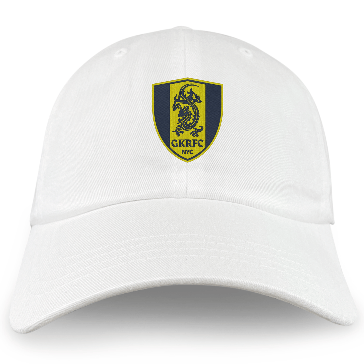 The Gotham Knights Adult Low-Profile Cotton Twill Dad Cap by EMB S&S Activewear features a white design with an embroidered yellow and black shield, a lion, and "GKRFC NYC" on the front.