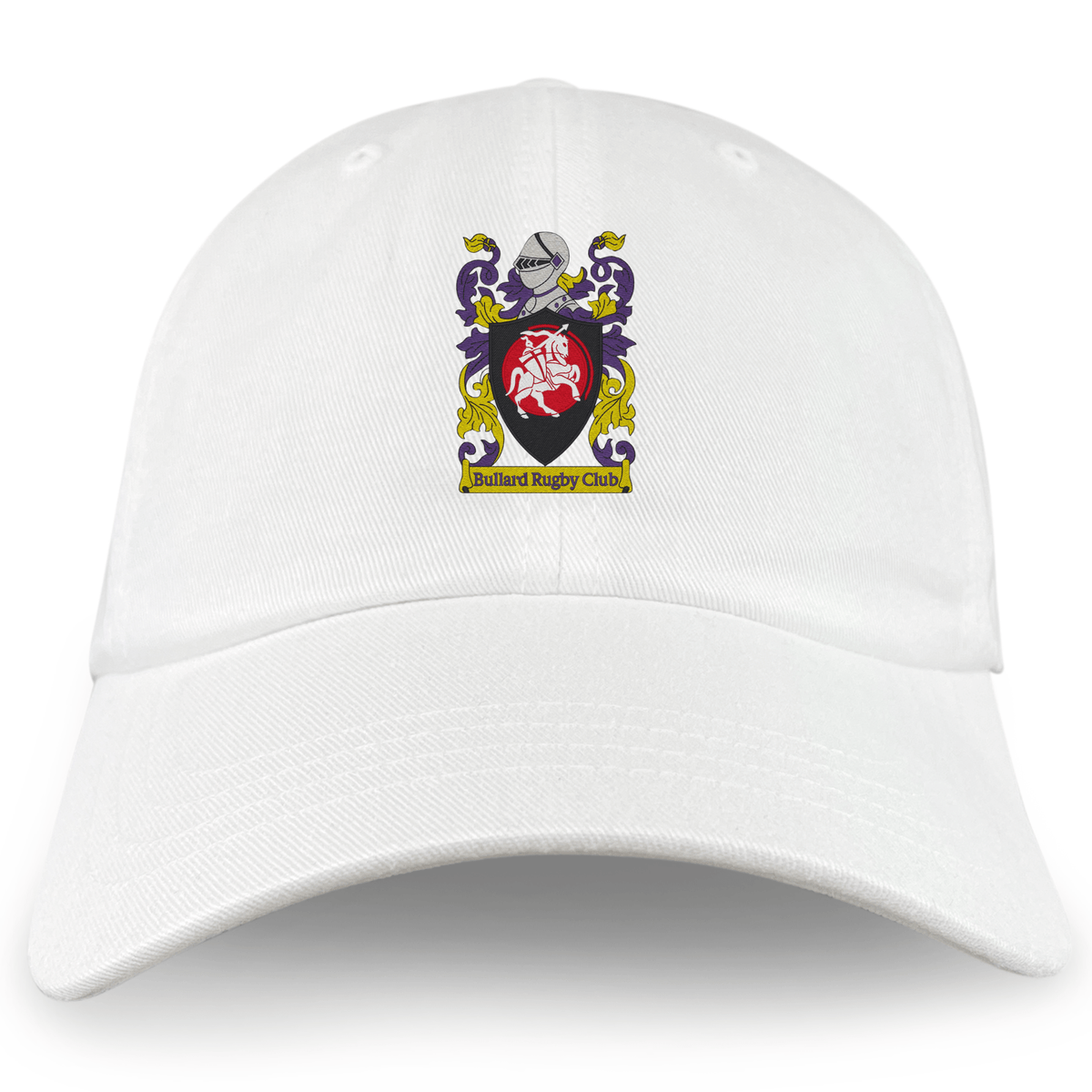 The Bullard Rugby Adult Low-Profile Cotton Twill Dad Cap by EMB S&S Activewear features the club crest with a shield, rugby ball, and vintage purple, yellow, black, and white details for classic style.