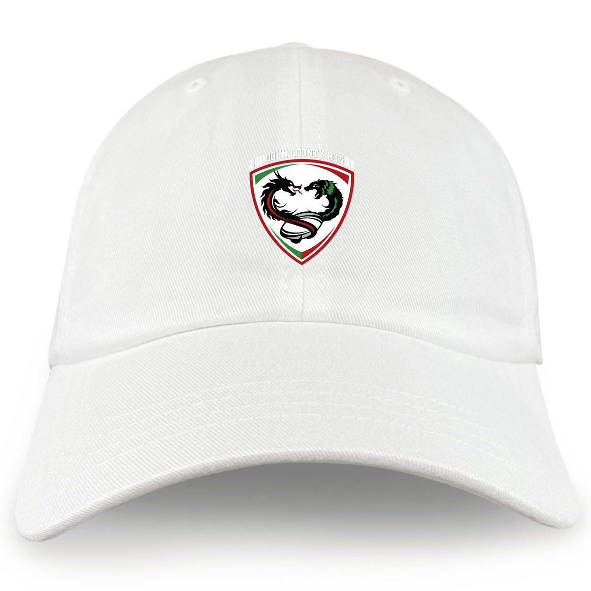 The Loudoun Adult Low-Profile Cotton Twill Dad Cap by EMB S&S Activewear features a white cotton twill build with an embroidered stylized duck face in a red, green, and white outlined shield.