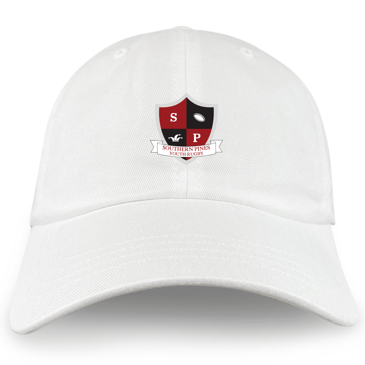 The EMB S&S Activewear Southern Pines Youth Rugby Adult Low-Profile Cotton Twill Dad Cap is a white classic dad hat featuring a red and black shield logo with "S P" and "Southern Pines Youth Rugby" text.