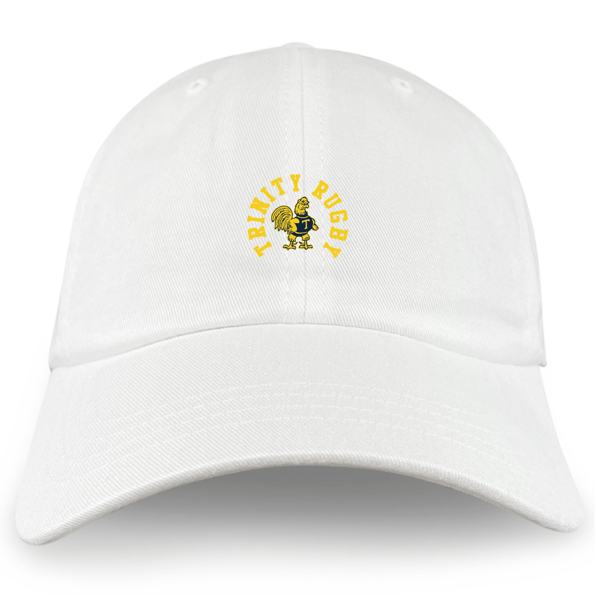 The EMB S&S Activewear Trinity College Adult Low-Profile Cotton Twill Dad Cap features white cotton twill, an embroidered yellow rooster, and "TRINITY RUGBY" on the front.