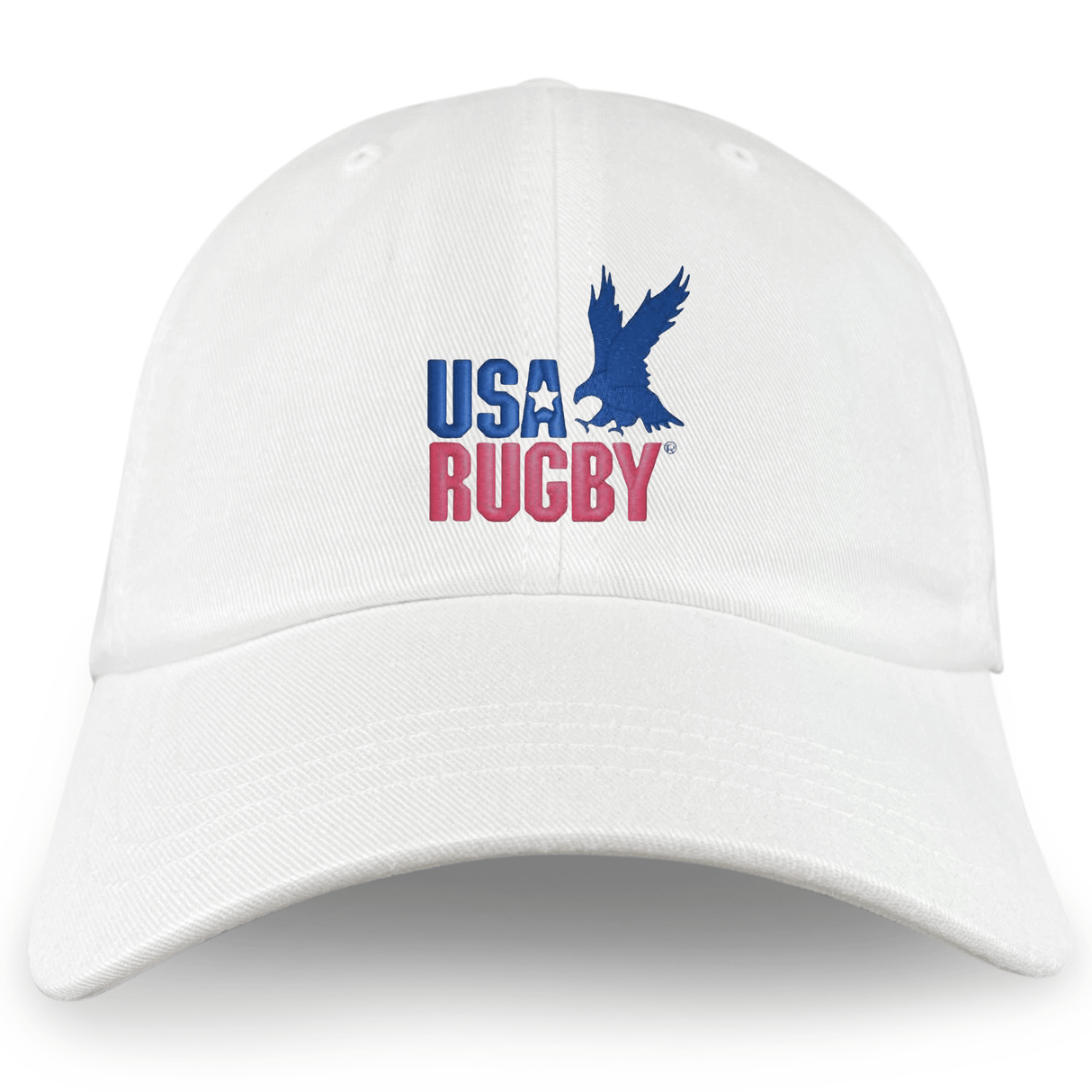 The EMB S&S Activewear USA Rugby Throwback Dad Cap features a blue eagle and star graphic above "USA Rugby" in blue and red on the front, making it a commemorative accessory.