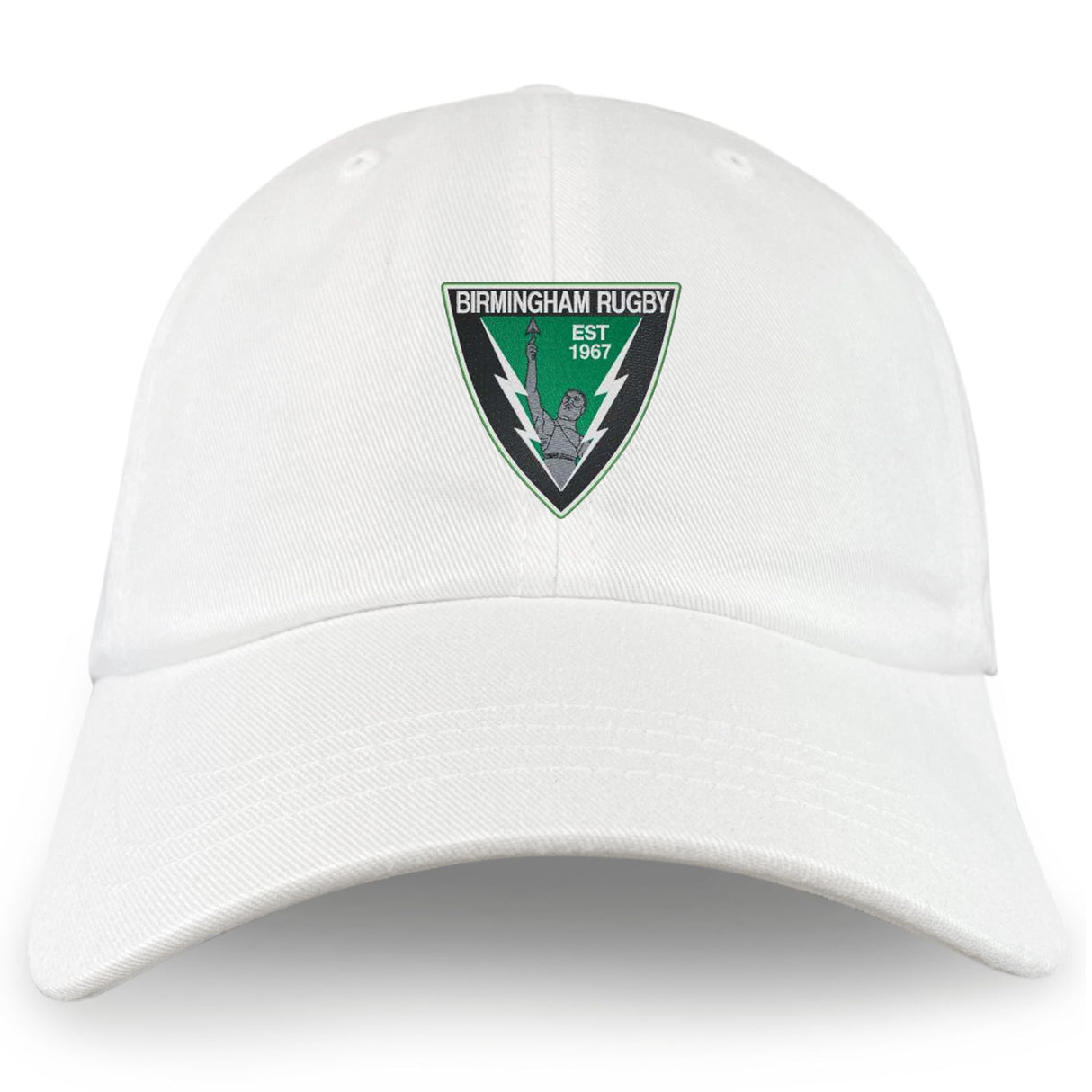 The EMB S&S Activewear Birmingham Rugby Adult Low-Profile Cotton Twill Dad Cap features front embroidery with a triangular "Birmingham Rugby EST 1967" logo, a rugby player, and two lightning bolts.