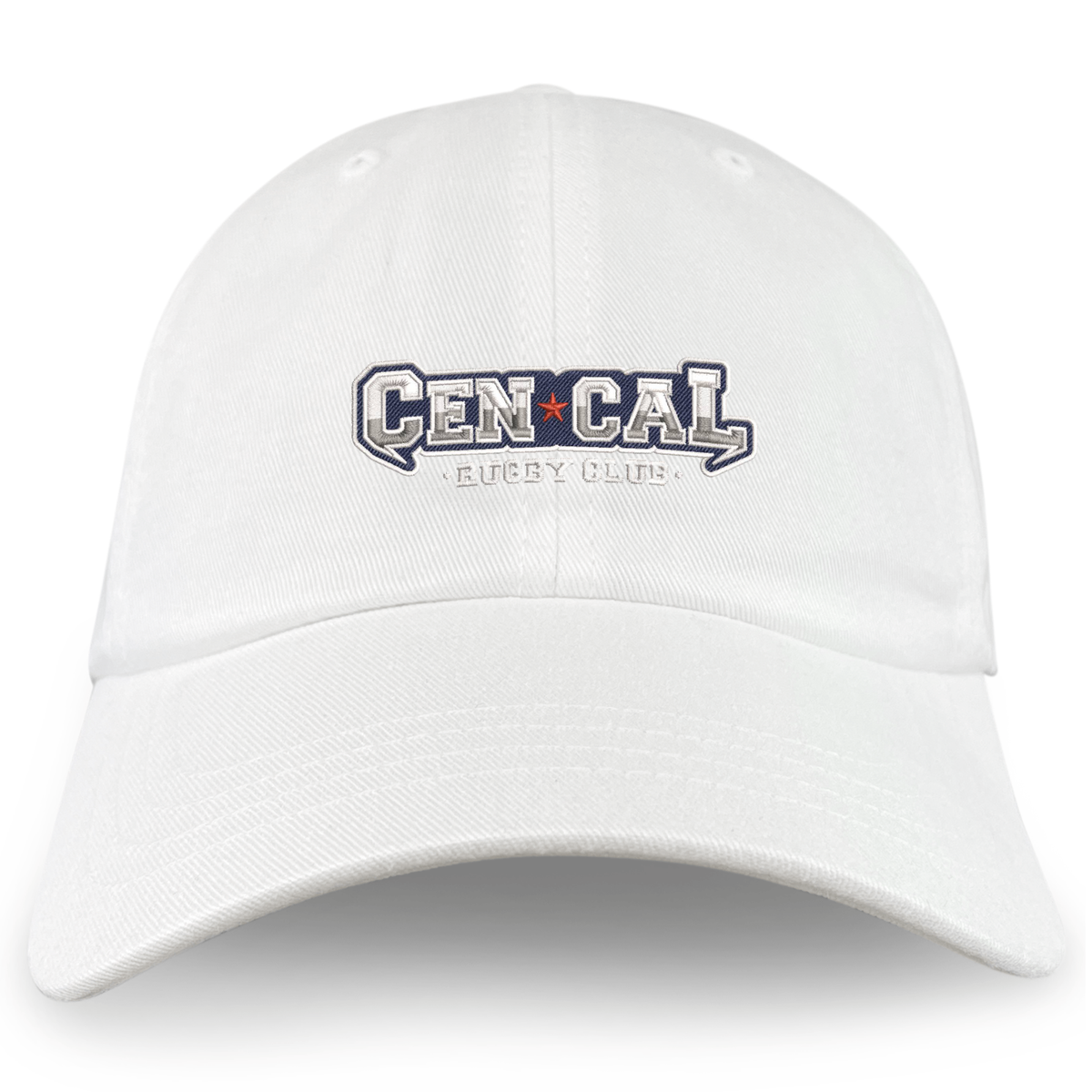 The CenCal Rugby Adult Low-Profile Cotton Twill Dad Cap by EMB S&S Activewear features "CEN CAL RUGBY CLUB" embroidered in gray and white, with a red star between "CEN" and "CAL.
