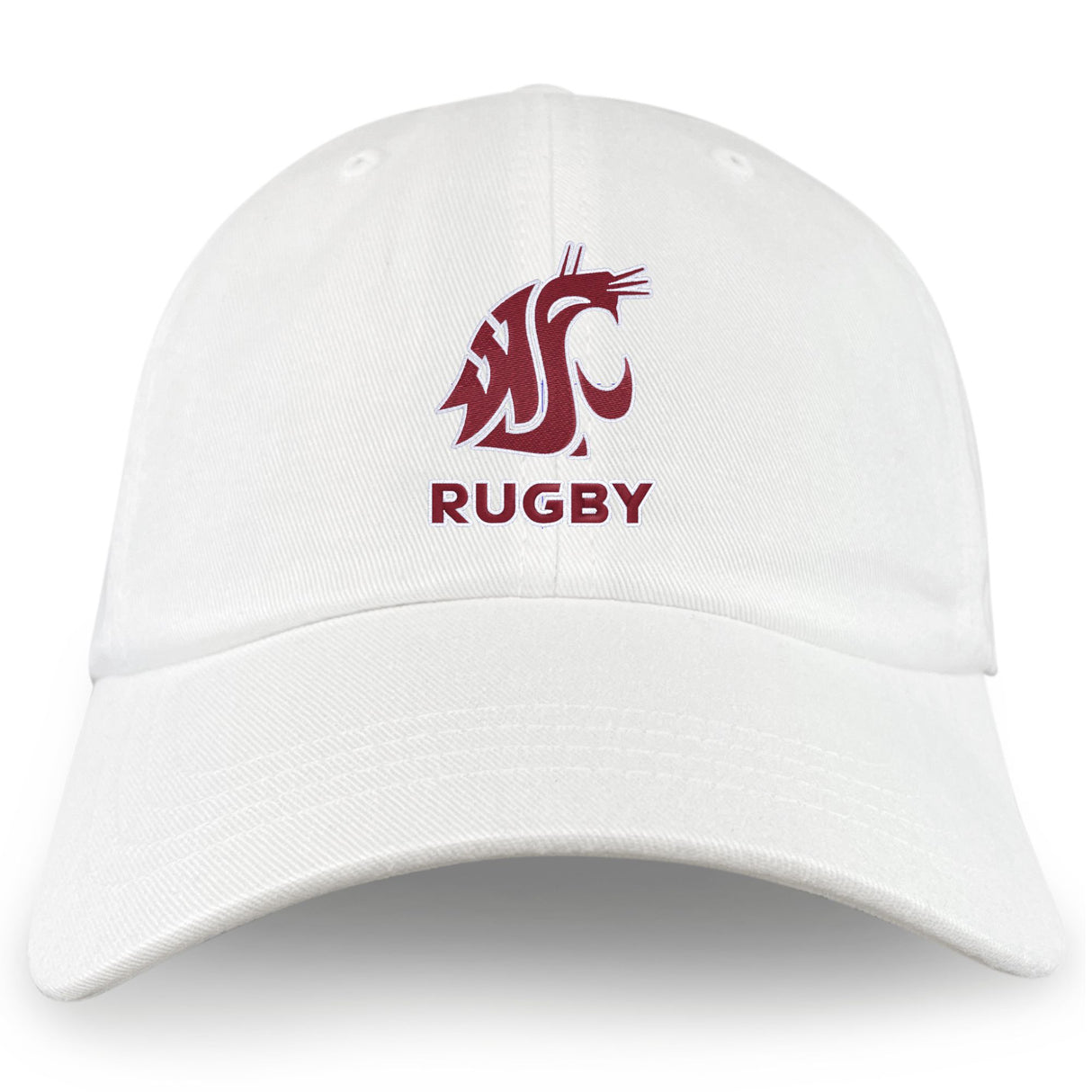 The Washington State University Adult Low-Profile Cotton Twill Dad Cap by EMB S&S Activewear features a classic white twill design with an embroidered maroon cougar logo and "RUGBY" on the front.